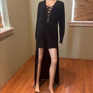Venus Black Long Sleeve Romper Maxi Dress with Crisscross Front Size L
